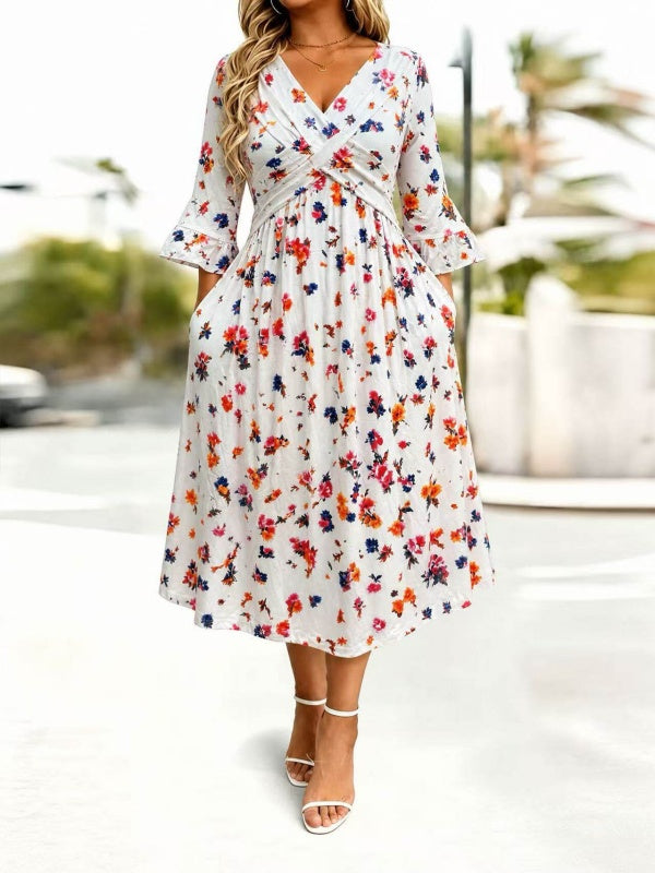 Wrap-Front Tie-Waist Midi Dress With Pockets