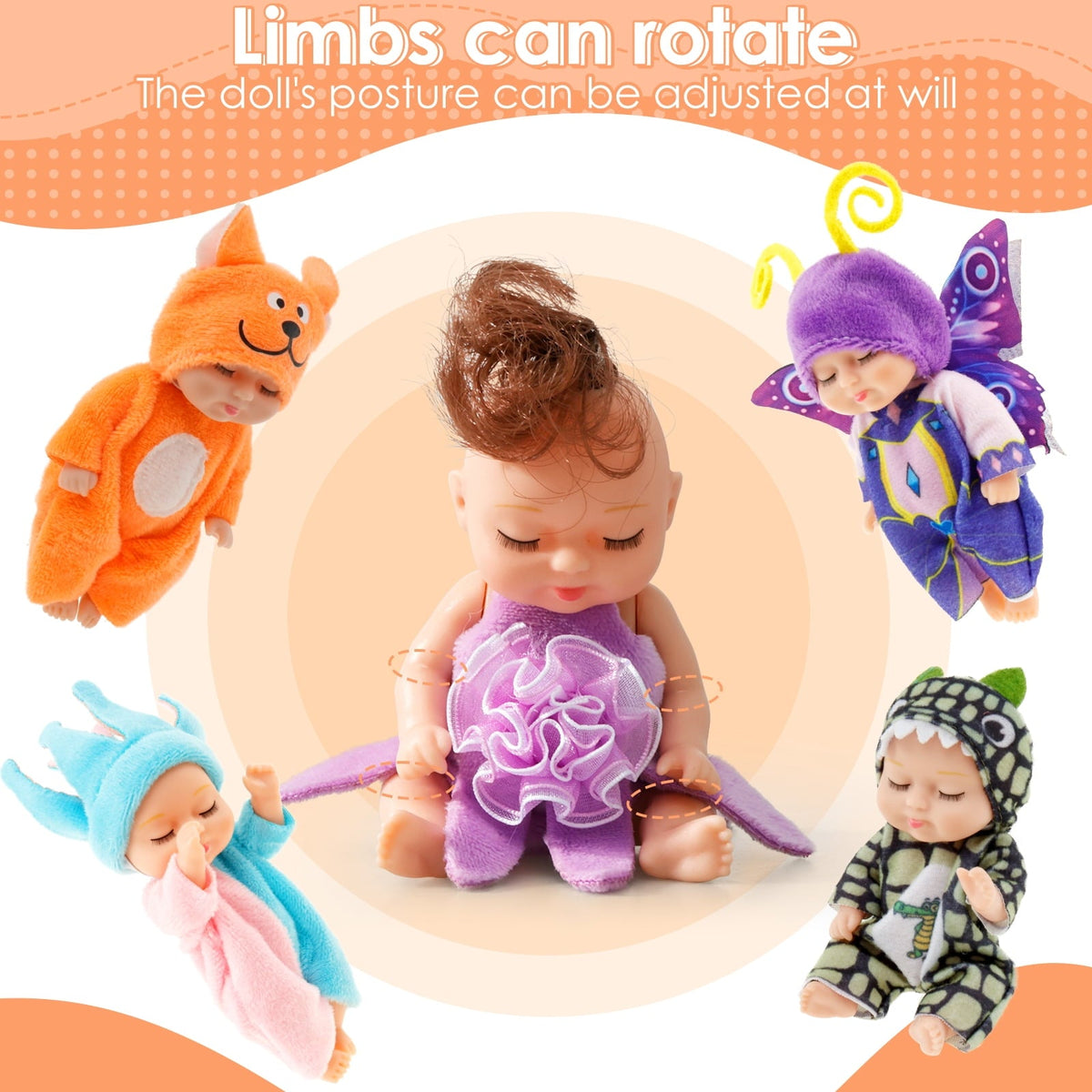 6-Piece Mini Baby Doll Set with Butterfly and Flower Outfits, 4 Inch