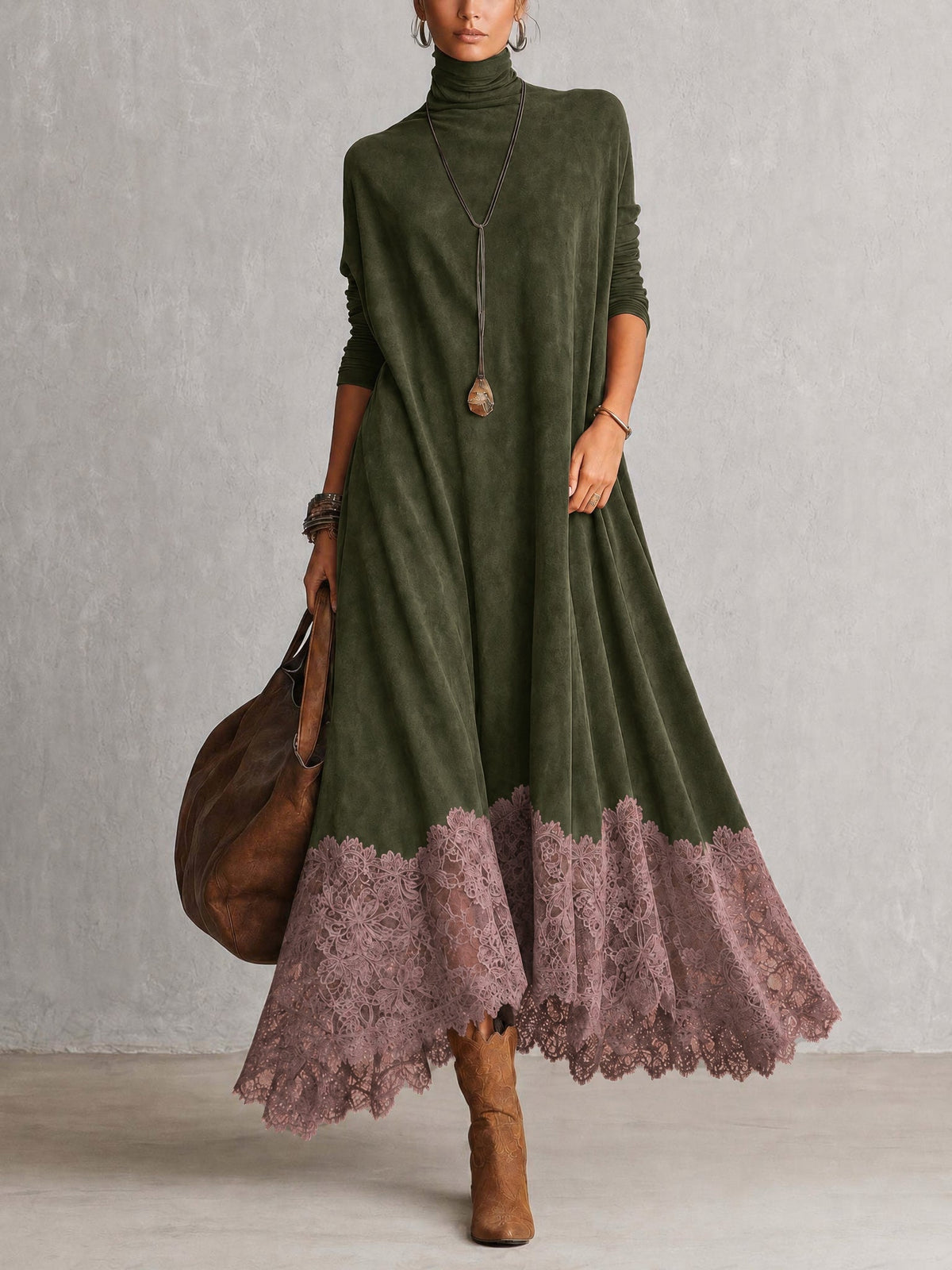 A-Line High-Neck Dress with Lace Panels and Long Sleeves