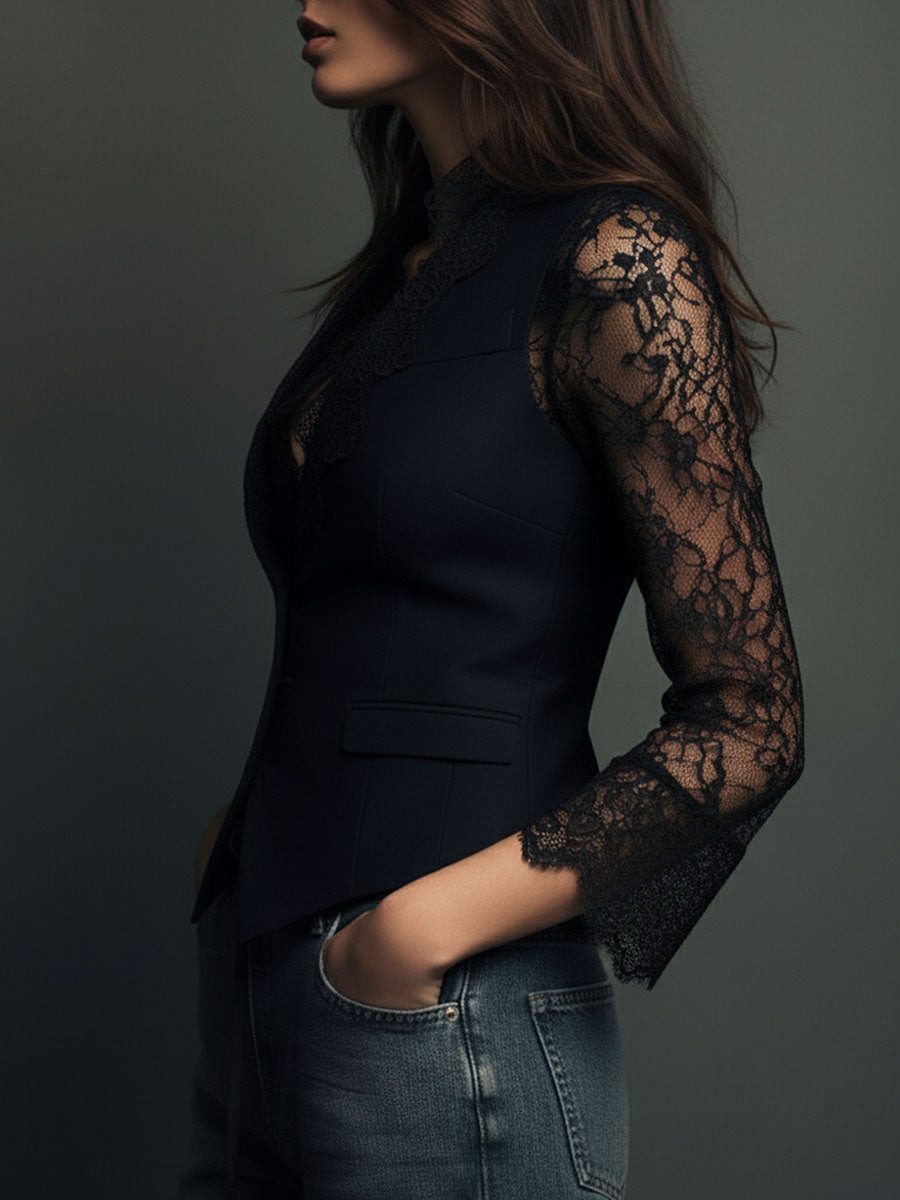 High Black Blazer with Semi-Sheer Sleeves