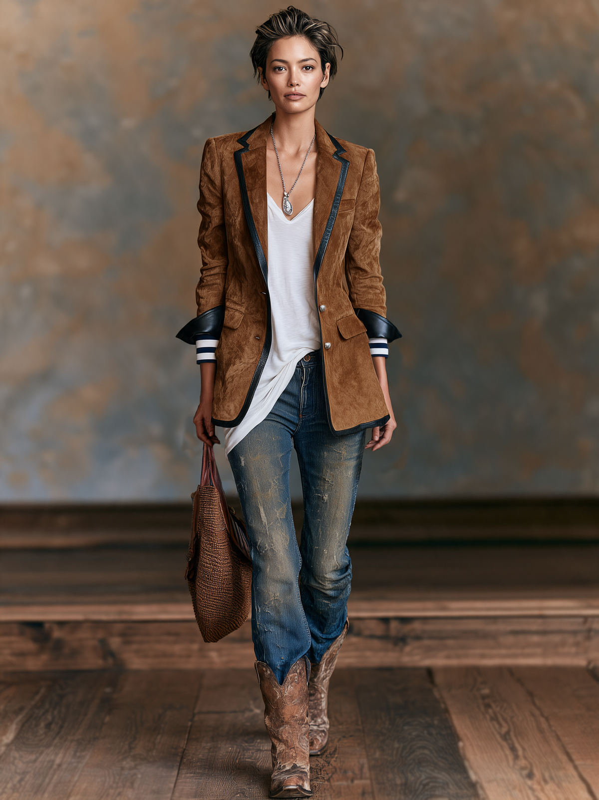 Women's Vintage-style Faux Suede Blazer With Red Leather Trim