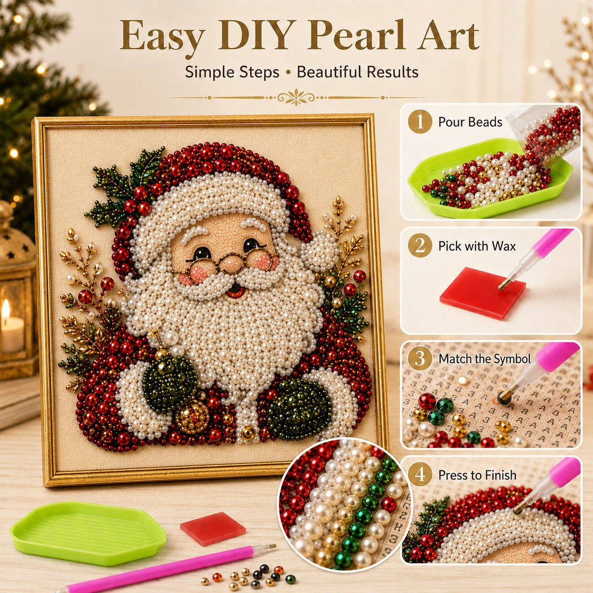 Relaxing & Beginner-Friendly DIY Christmas Pearl Diamond Painting Art Kit With Frame