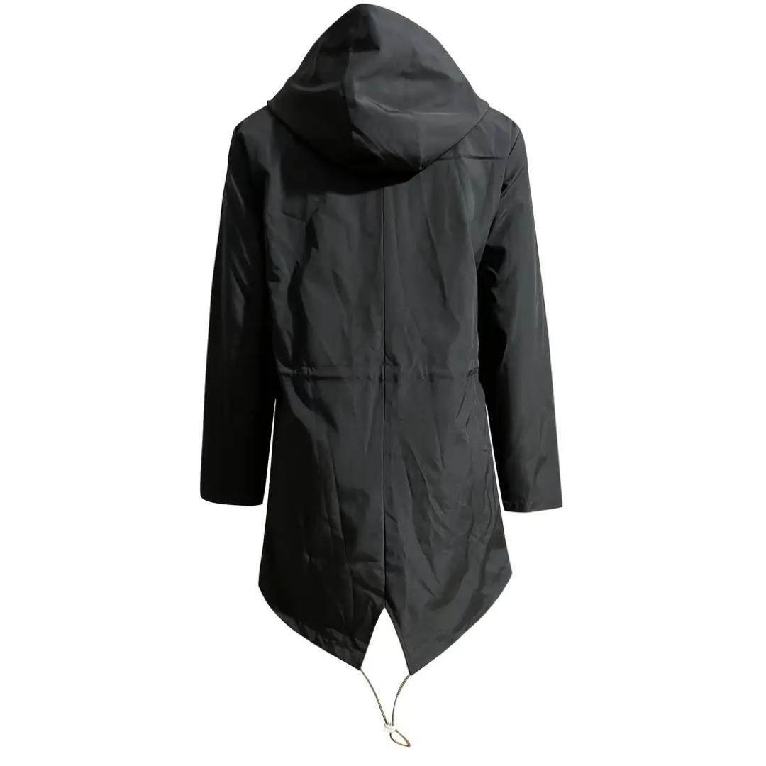 Women's waterproof rain coat with hood and adjustable drawcords