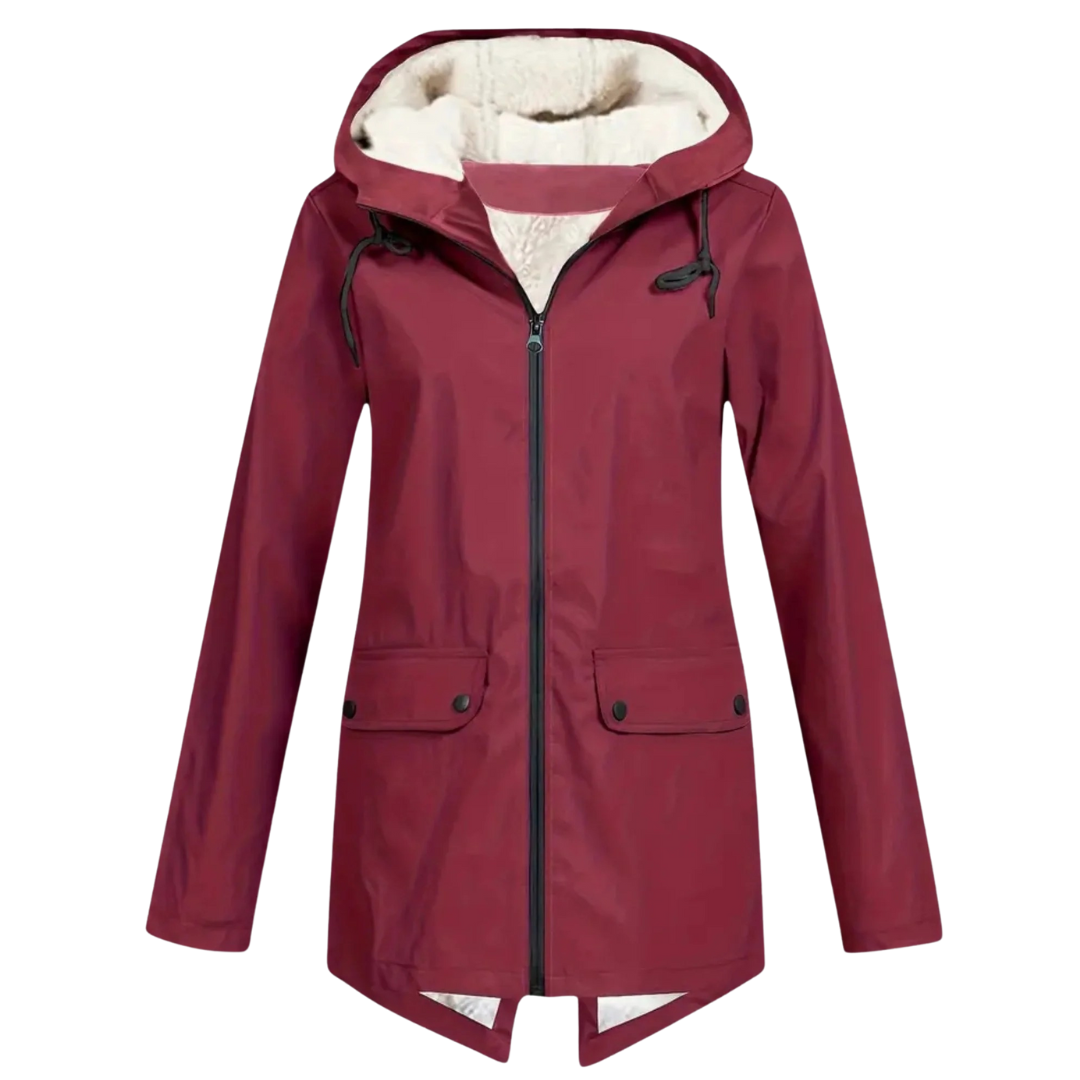 Women's waterproof fleece-lined jacket with adjustable hood and fish-tail hem