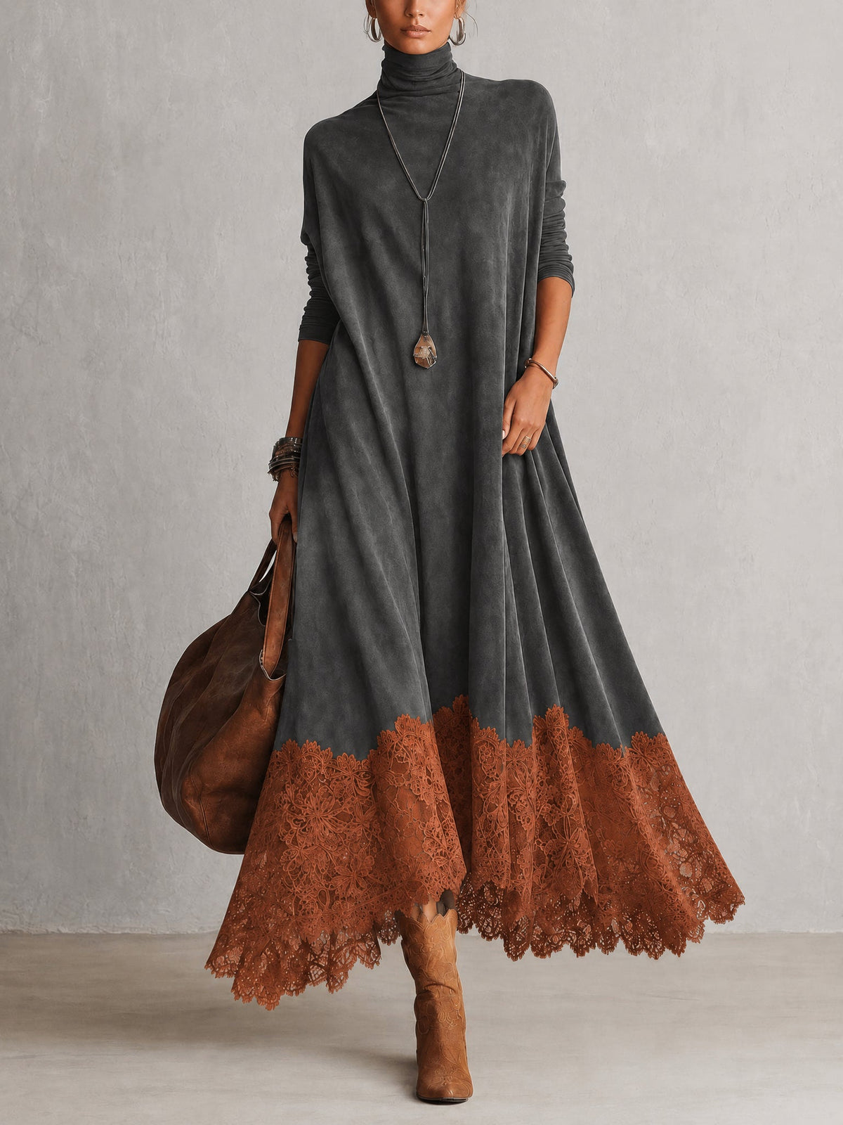 A-Line High-Neck Dress with Lace Panels and Long Sleeves