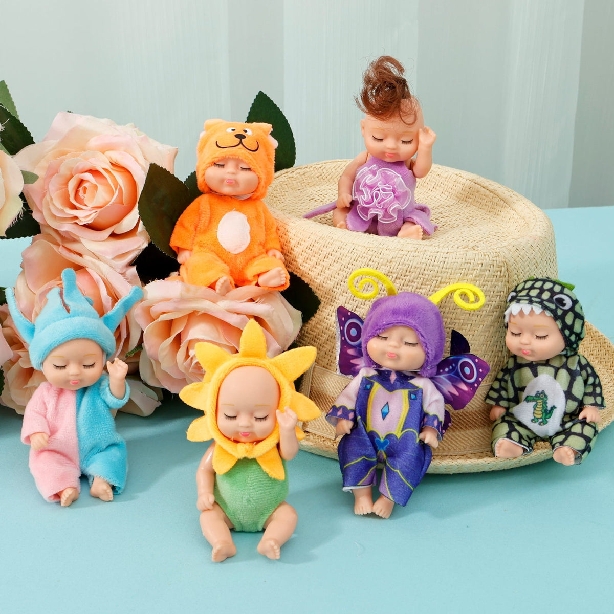 6-Piece Mini Baby Doll Set with Butterfly and Flower Outfits, 4 Inch