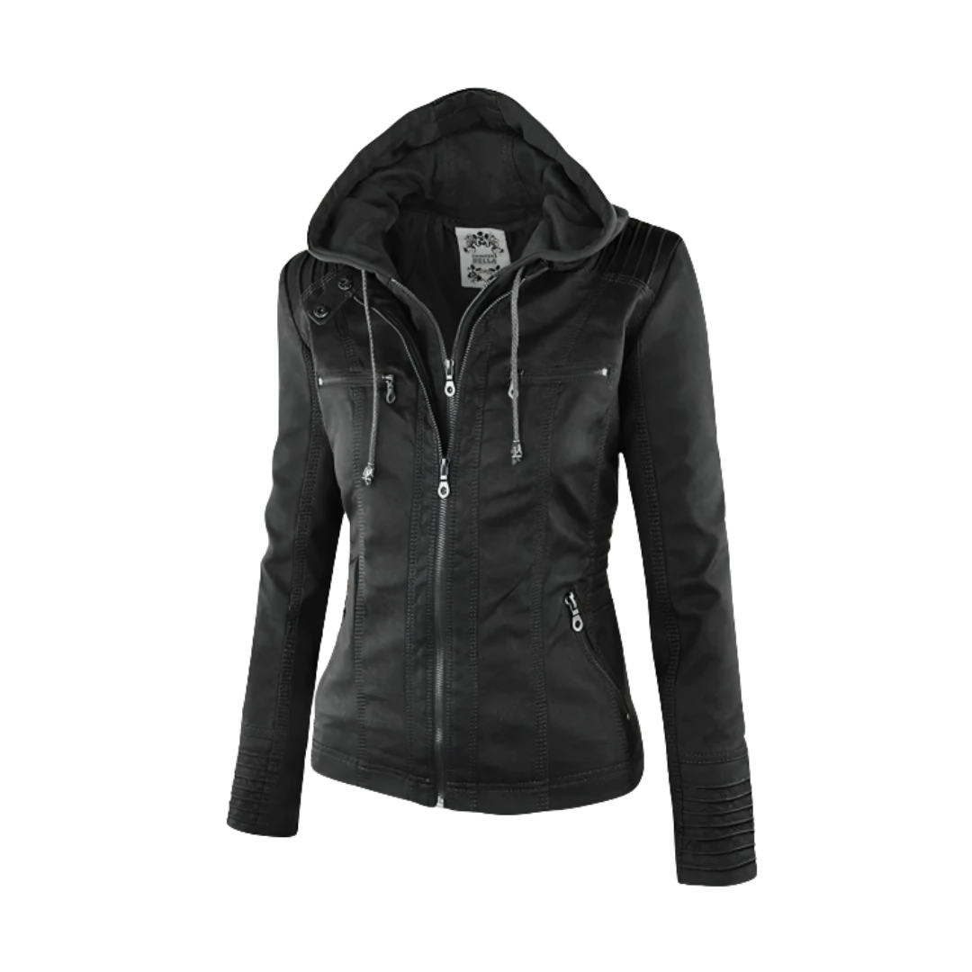 Women's water-resistant biker jacket with vegan leather and removable hood