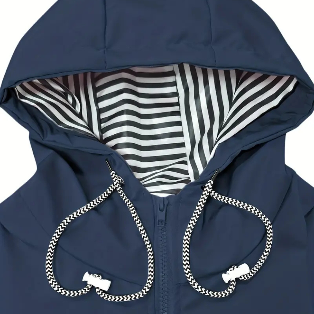 Women's waterproof rain coat with hood and adjustable drawcords