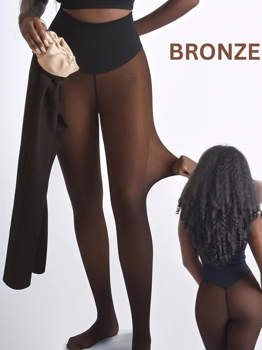 High-Waist Fleece-Lined Faux-Sheer Tights for Winter Outfits