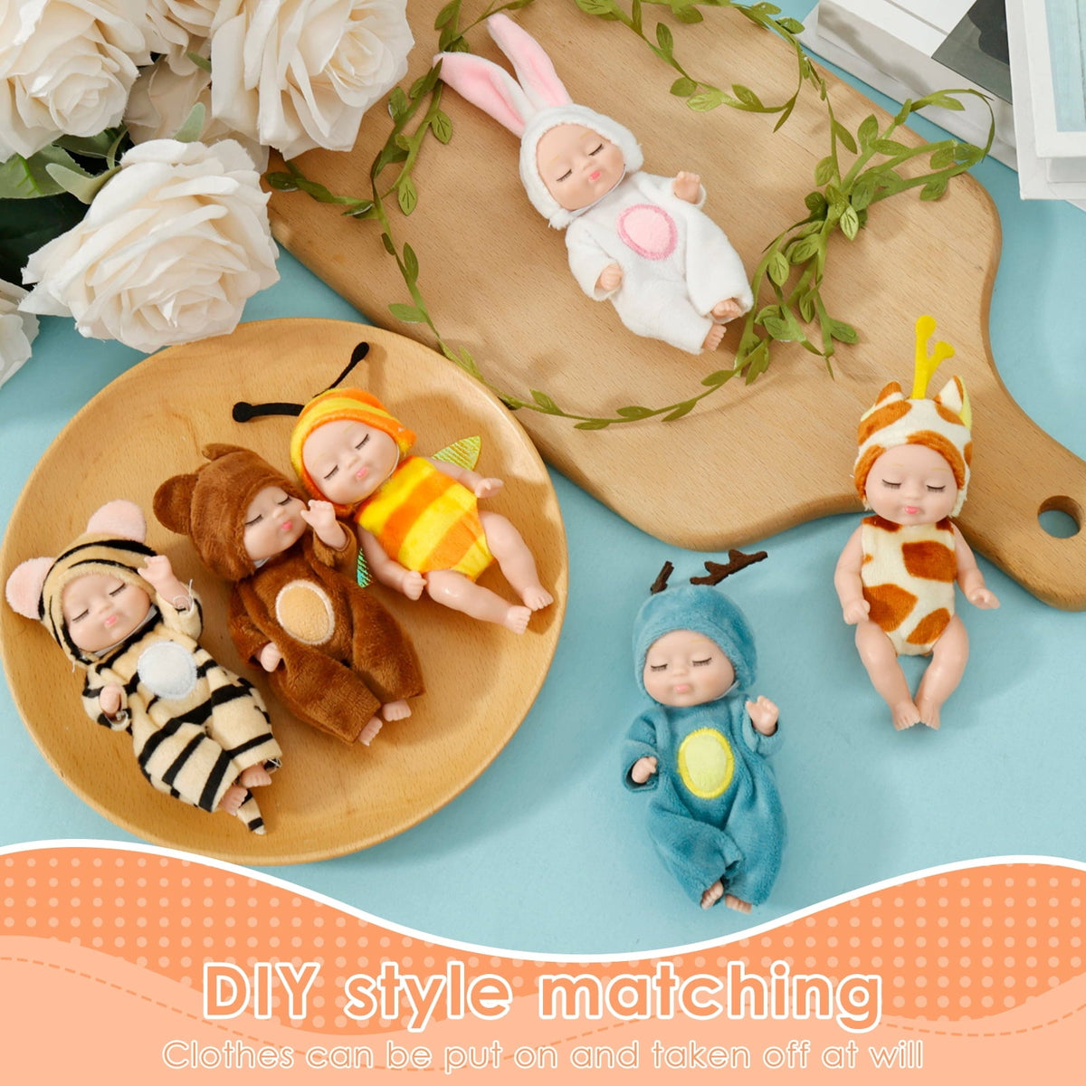 6-Piece Mini Reborn Baby Doll Set with Animal Outfits