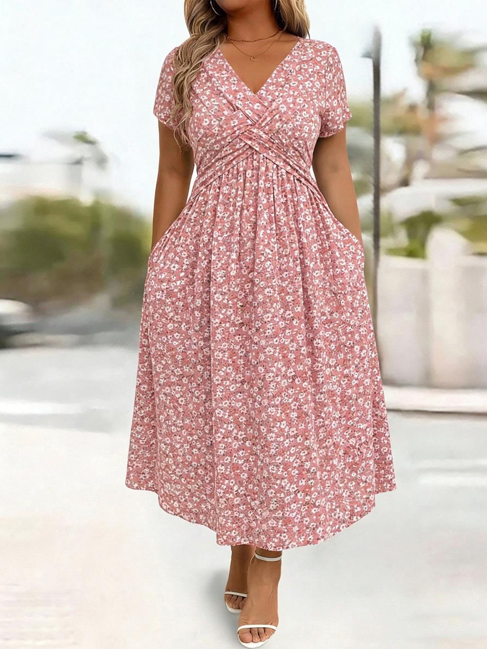Women's V-Neck Floral Print Dress with Twist Waist