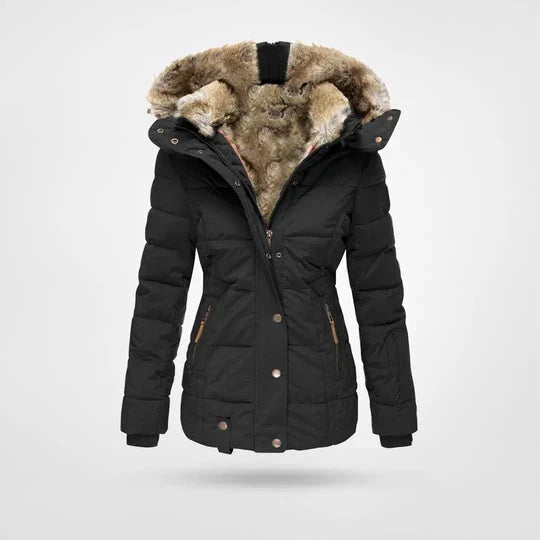 Women's Quilted Puffer Jacket Water-Resistant with Faux Fur Hood