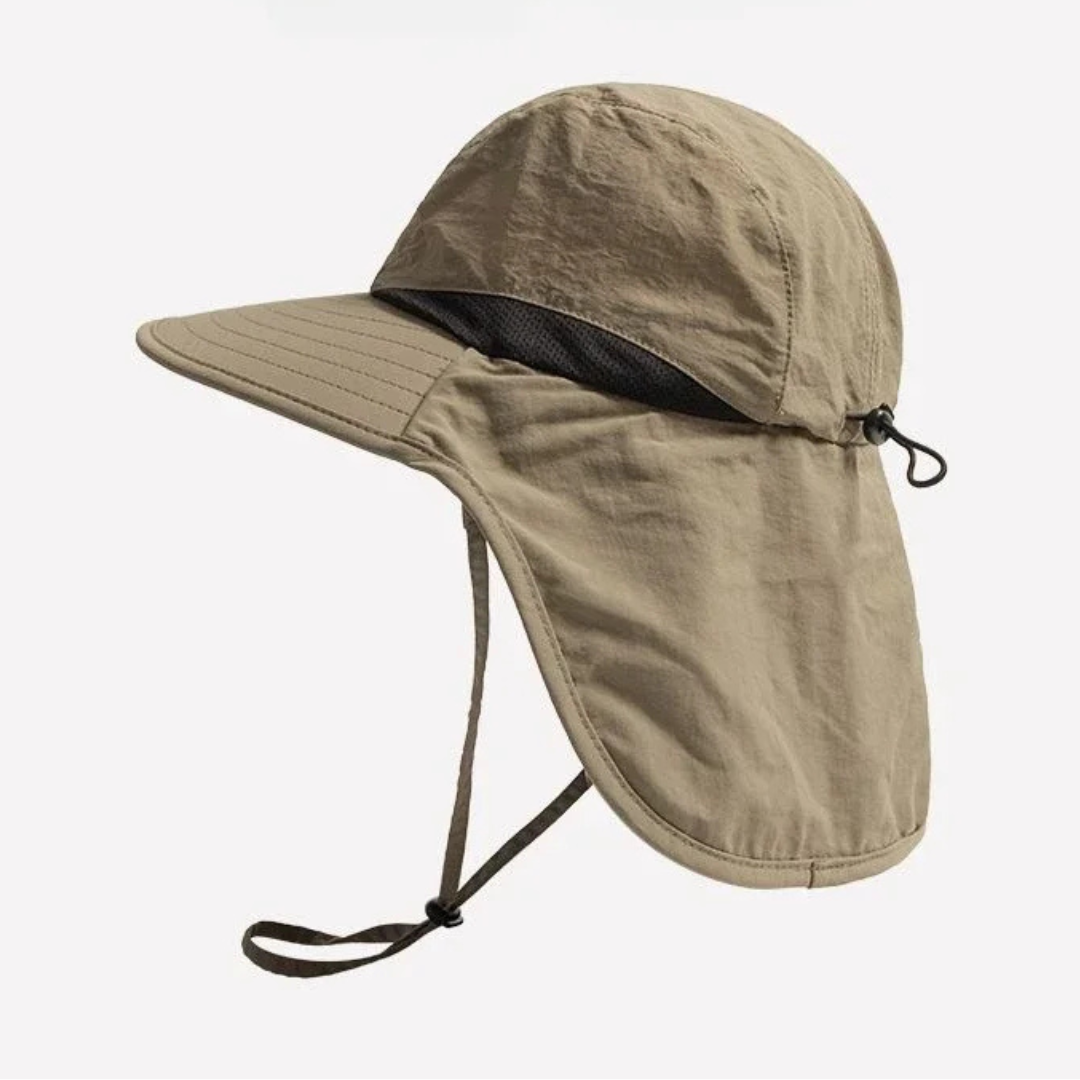 Bald head sun protection hat with wide brim and full-length neck flap