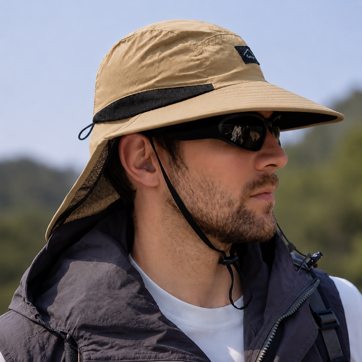 Fishing hat with wide brim and neck flap for full sun protection