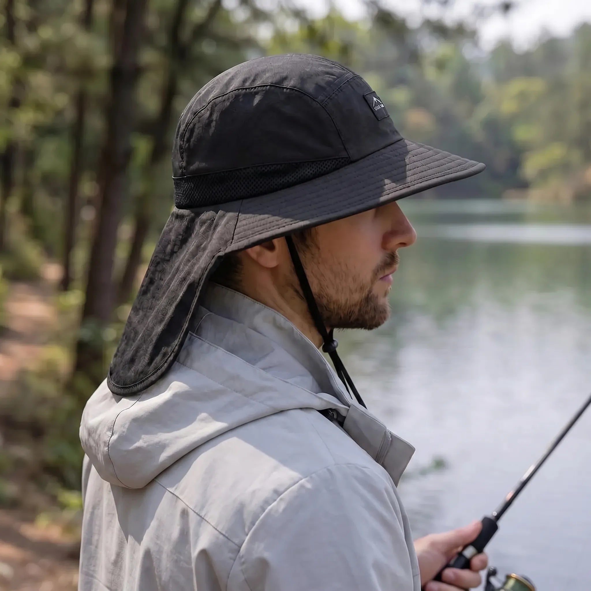 Fishing hat with wide brim and neck flap for full sun protection