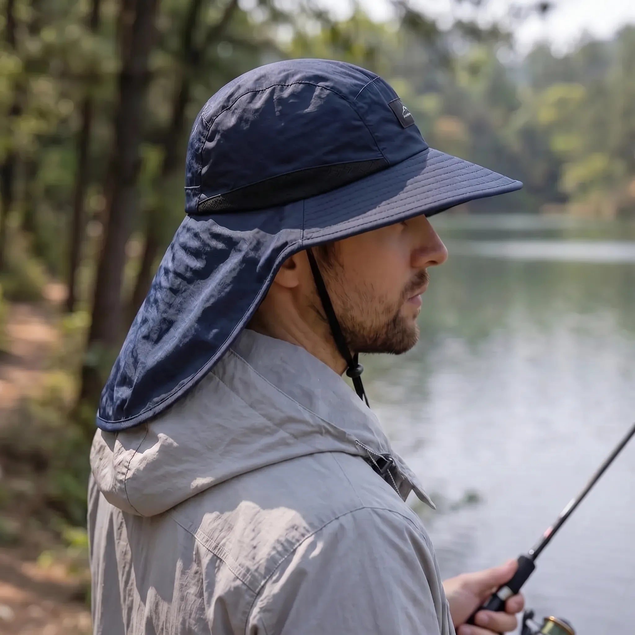 Fishing hat with wide brim and neck flap for full sun protection