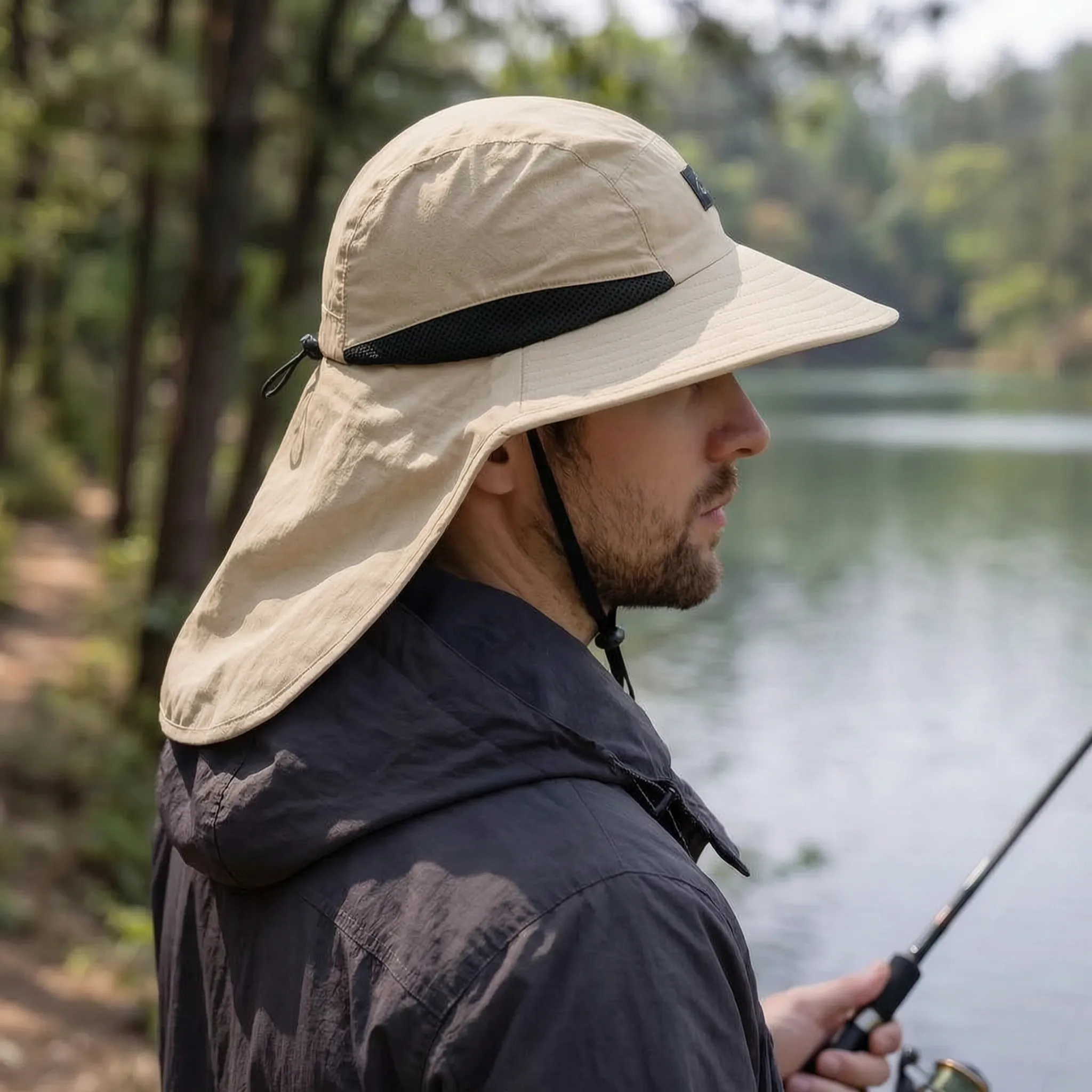Fishing hat with wide brim and neck flap for full sun protection