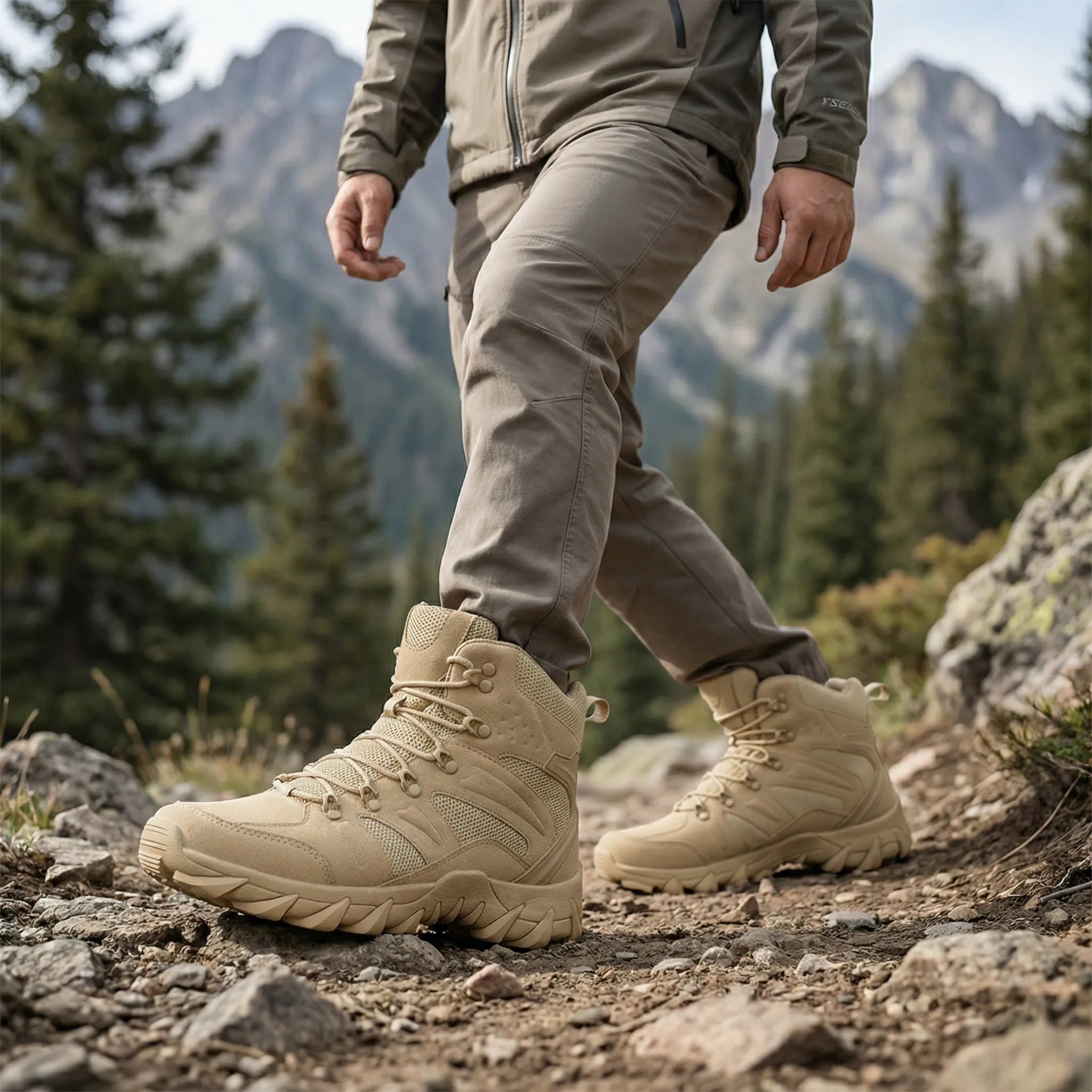 High hiking boot with ankle support and deep lug sole pattern
