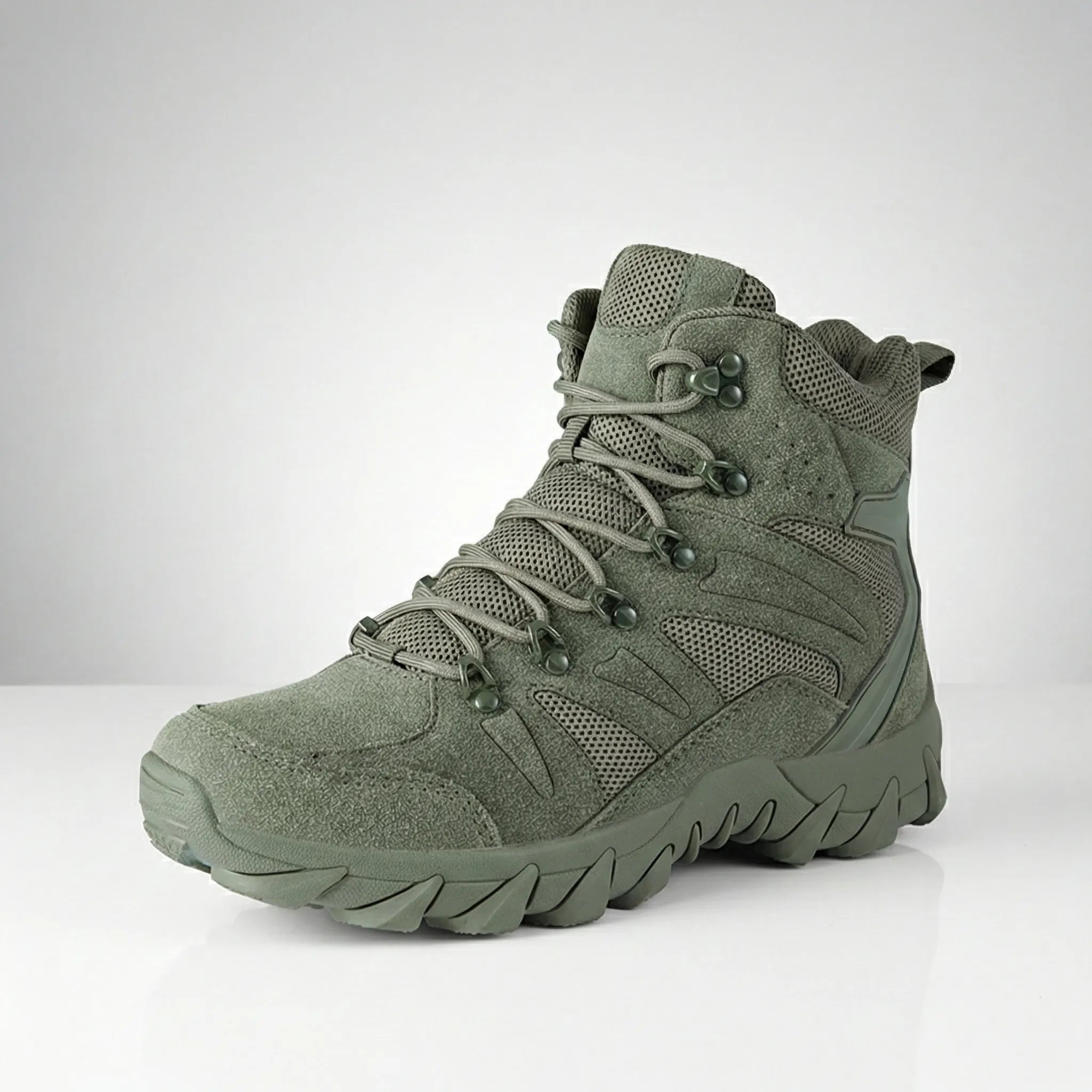 High hiking boot with ankle support and deep lug sole pattern
