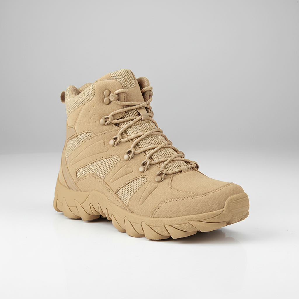 High hiking boot with ankle support and deep lug sole pattern