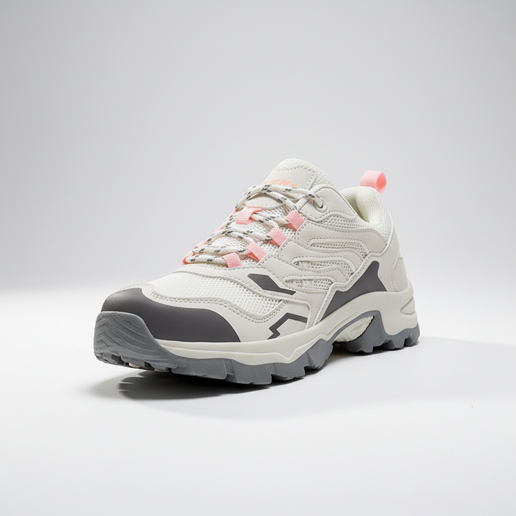 Women's waterproof hiking shoe with ankle support and tread pattern