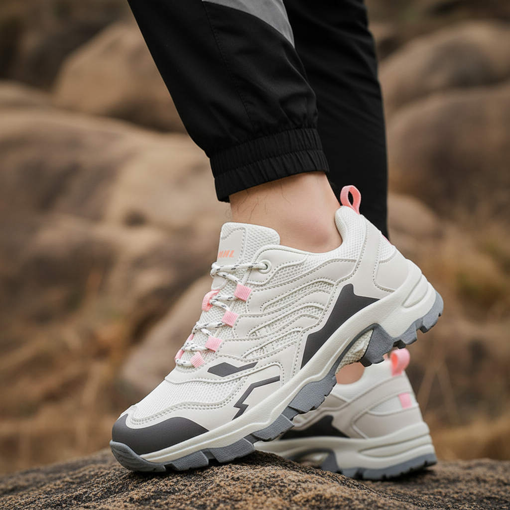 Women's waterproof hiking shoe with ankle support and tread pattern