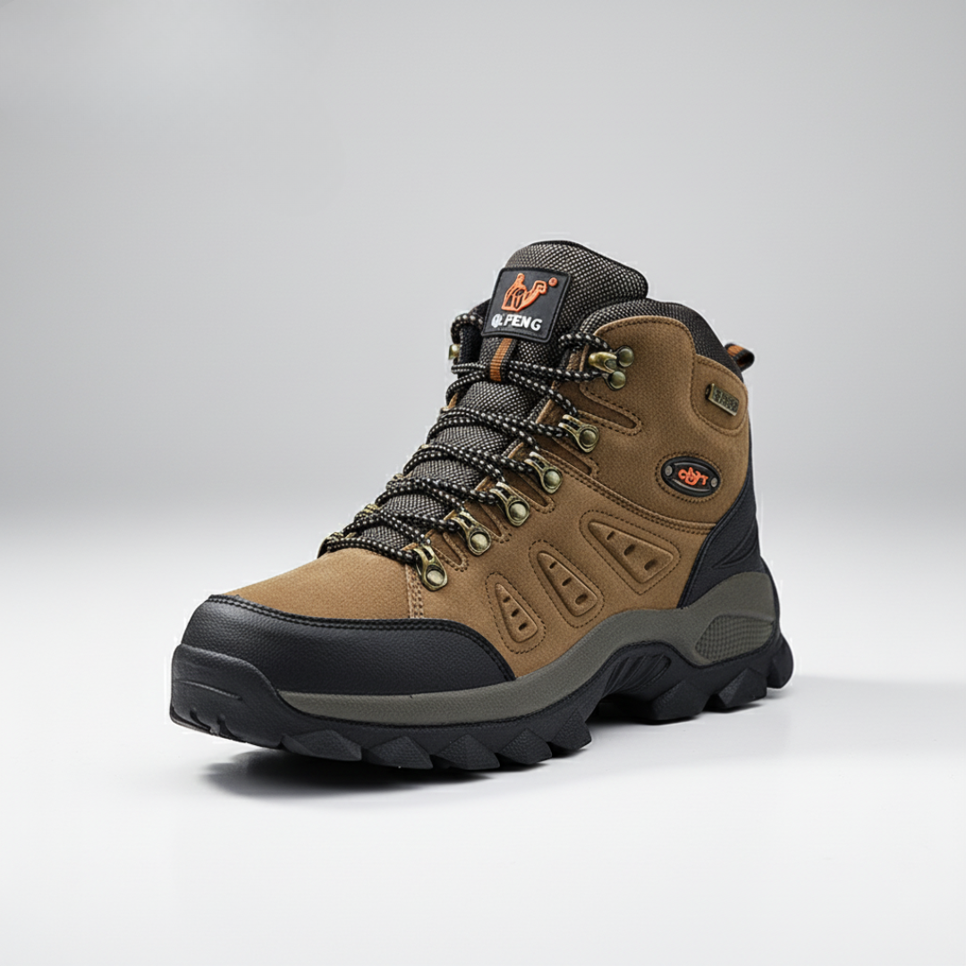 High-top hiking boots with deep tread pattern and padded ankle collar