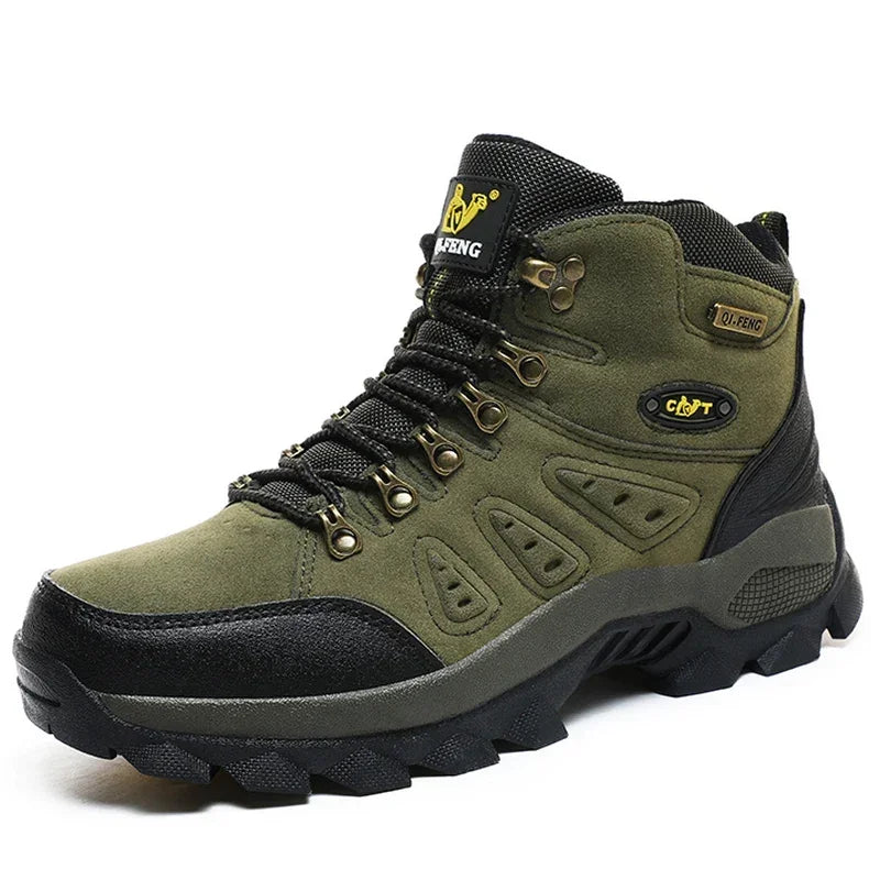High-top hiking boots with deep tread pattern and padded ankle collar