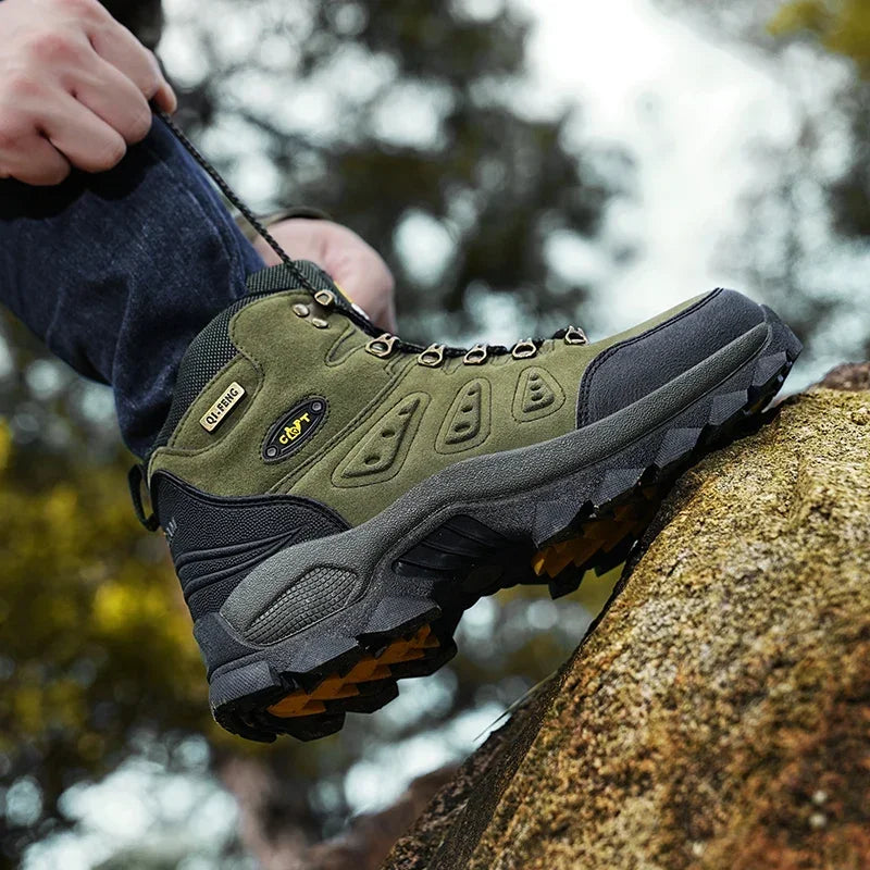 High-top hiking boots with deep tread pattern and padded ankle collar