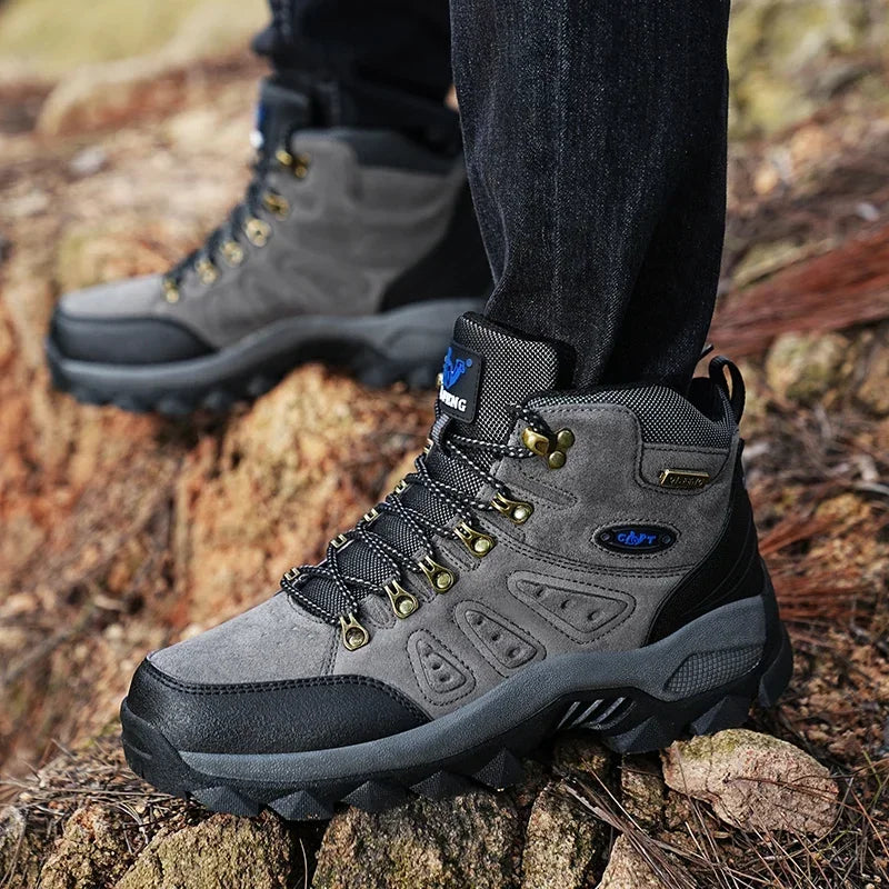 High-top hiking boots with deep tread pattern and padded ankle collar