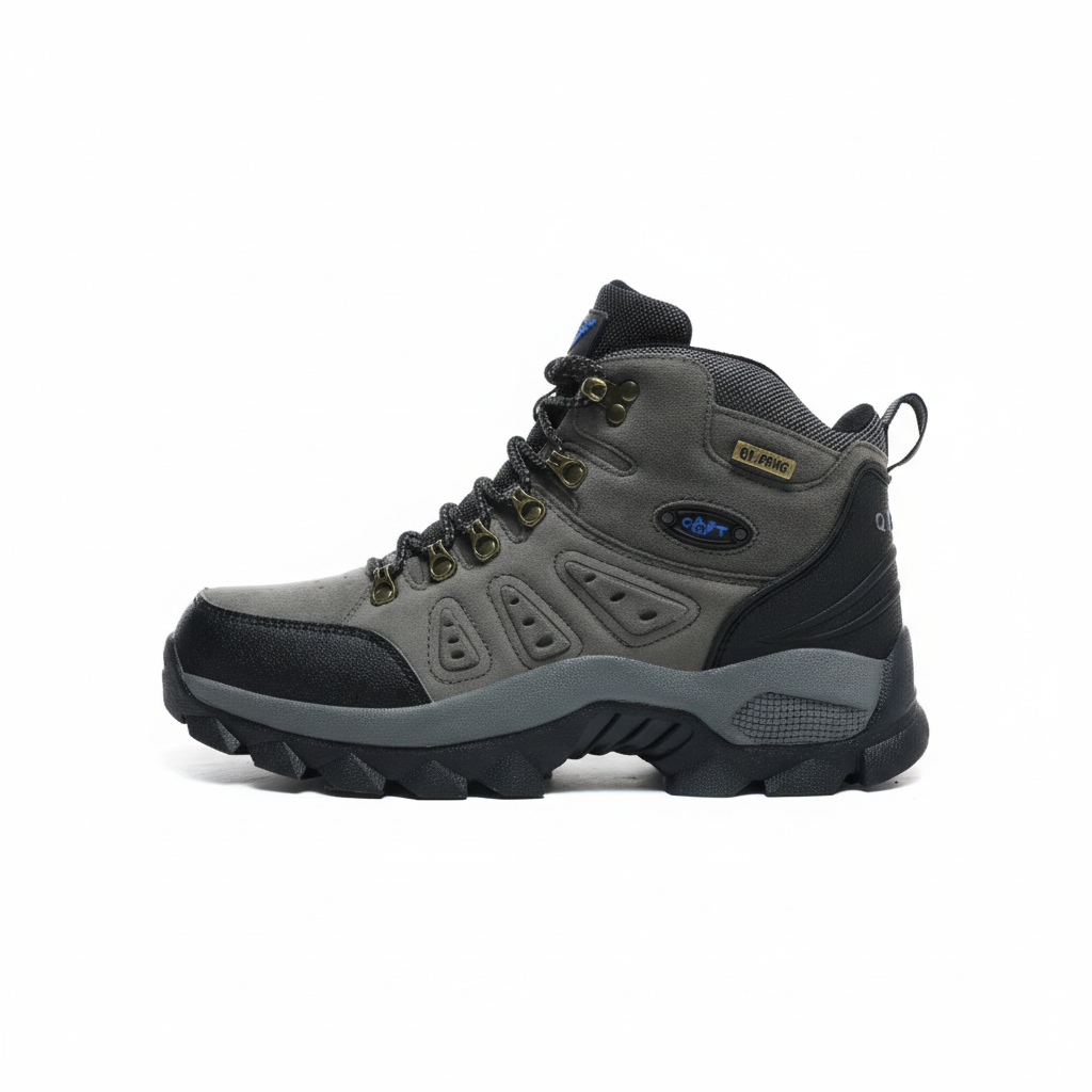 High-top hiking boots with deep tread pattern and padded ankle collar