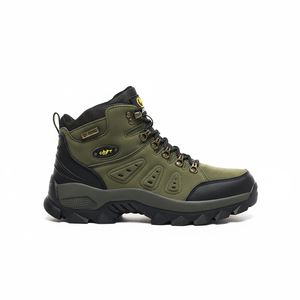 High-top hiking boots with deep tread pattern and padded ankle collar