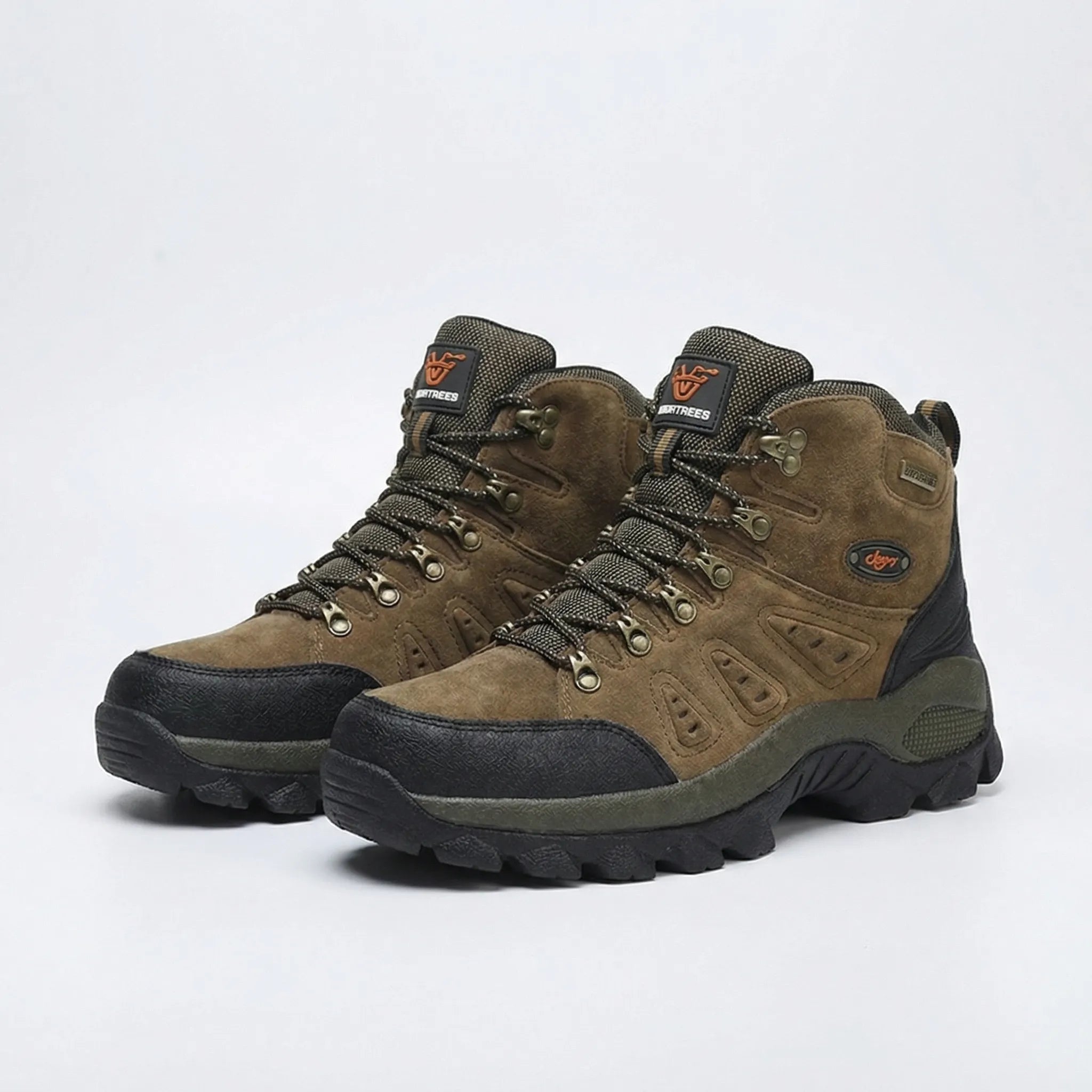 High-top hiking boots with deep tread pattern and padded ankle collar