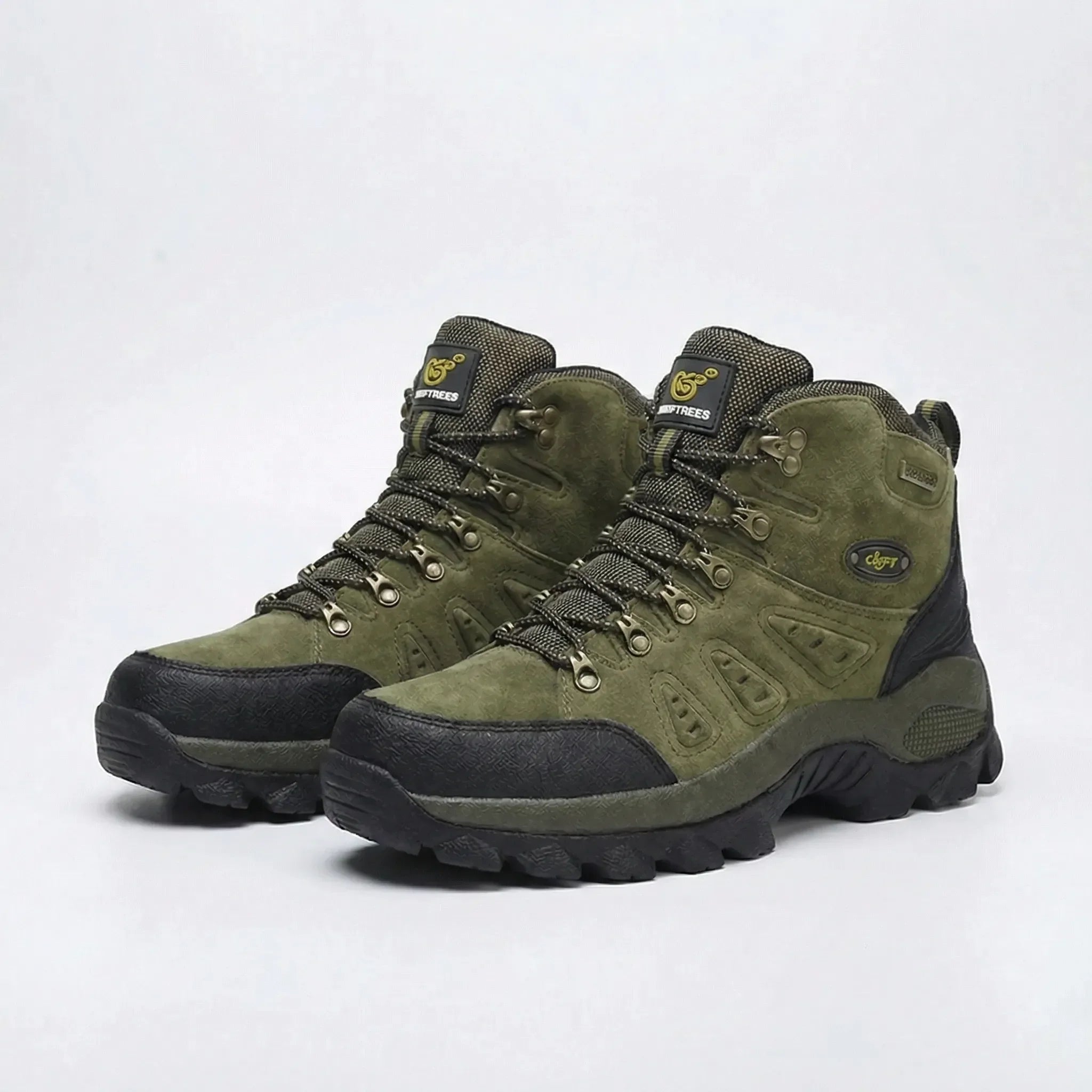 High-top hiking boots with deep tread pattern and padded ankle collar