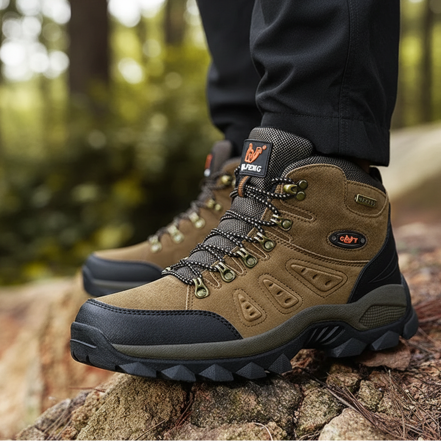 High-top hiking boots with deep tread pattern and padded ankle collar