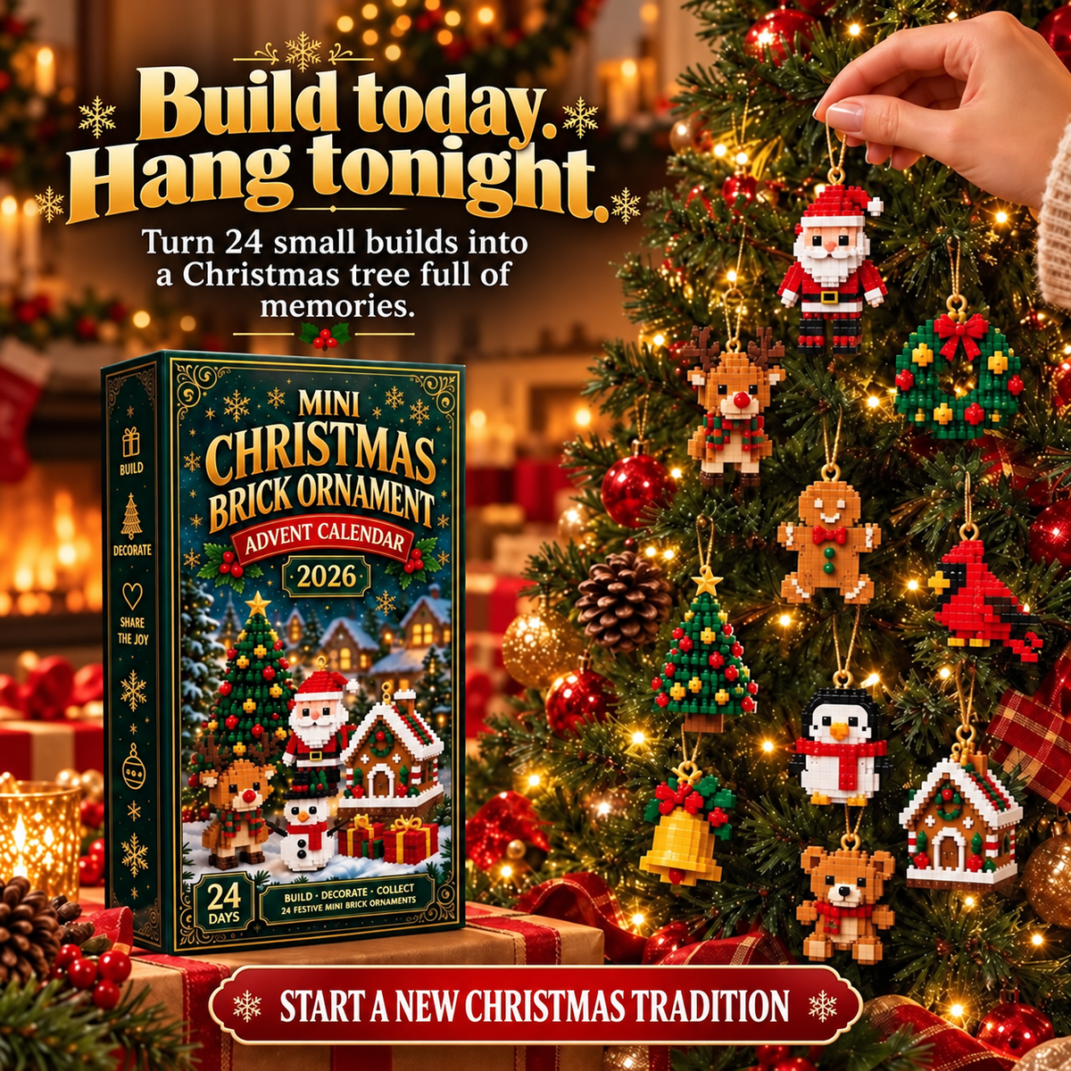 Celrien | 24-Day Mini Christmas Decoration Advent Calendar | 24 Unique Festive Building Sets with Hanging Loops