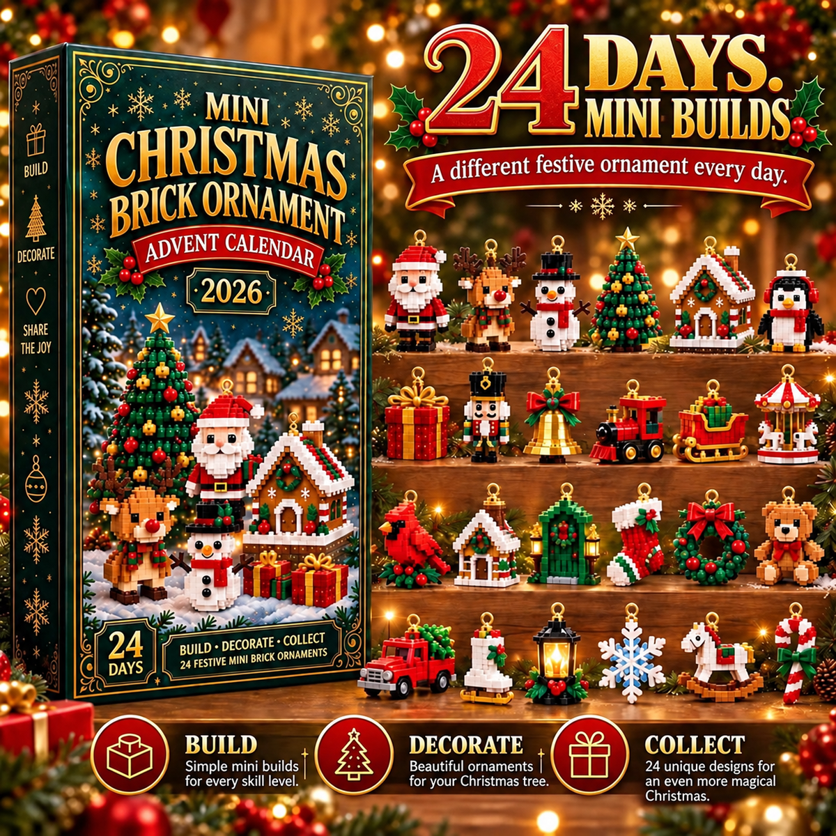 Celrien | 24-Day Mini Christmas Decoration Advent Calendar | 24 Unique Festive Building Sets with Hanging Loops