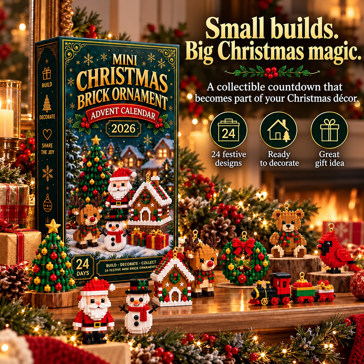 Celrien | 24-Day Mini Christmas Decoration Advent Calendar | 24 Unique Festive Building Sets with Hanging Loops