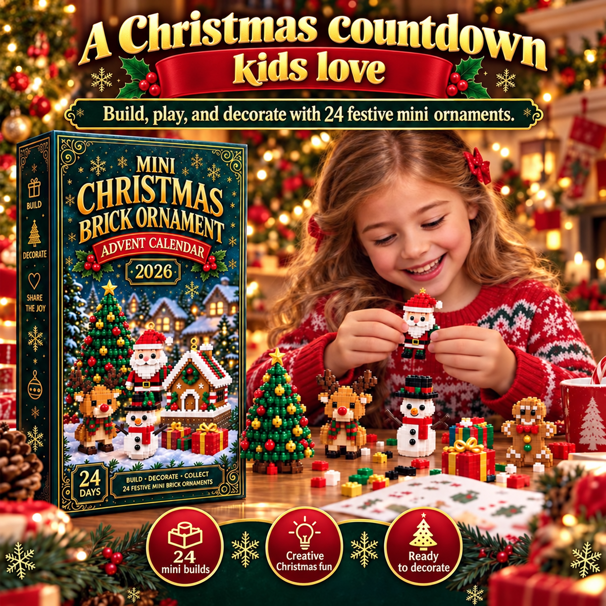 Celrien | 24-Day Mini Christmas Decoration Advent Calendar | 24 Unique Festive Building Sets with Hanging Loops