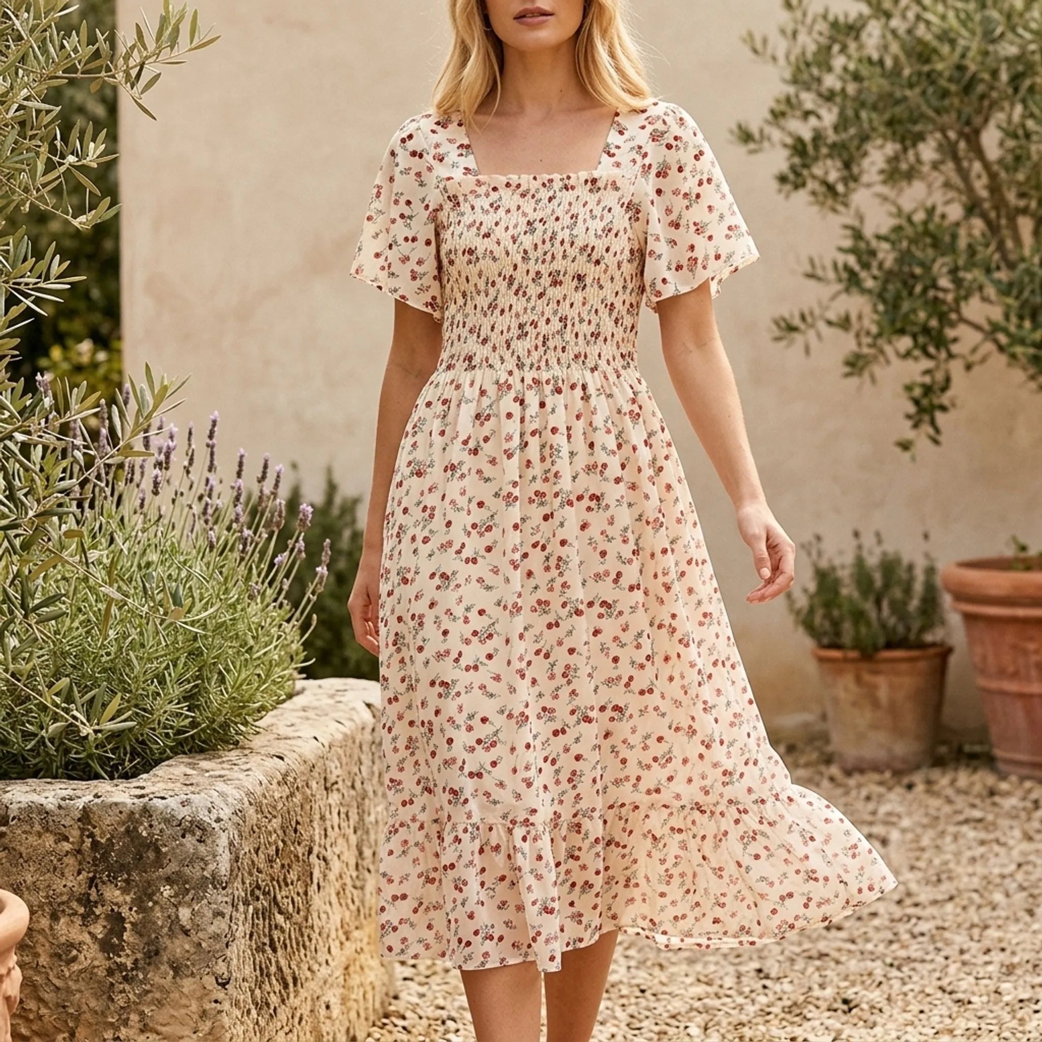 Celrien | Floral Smocked Knee-Length Dress