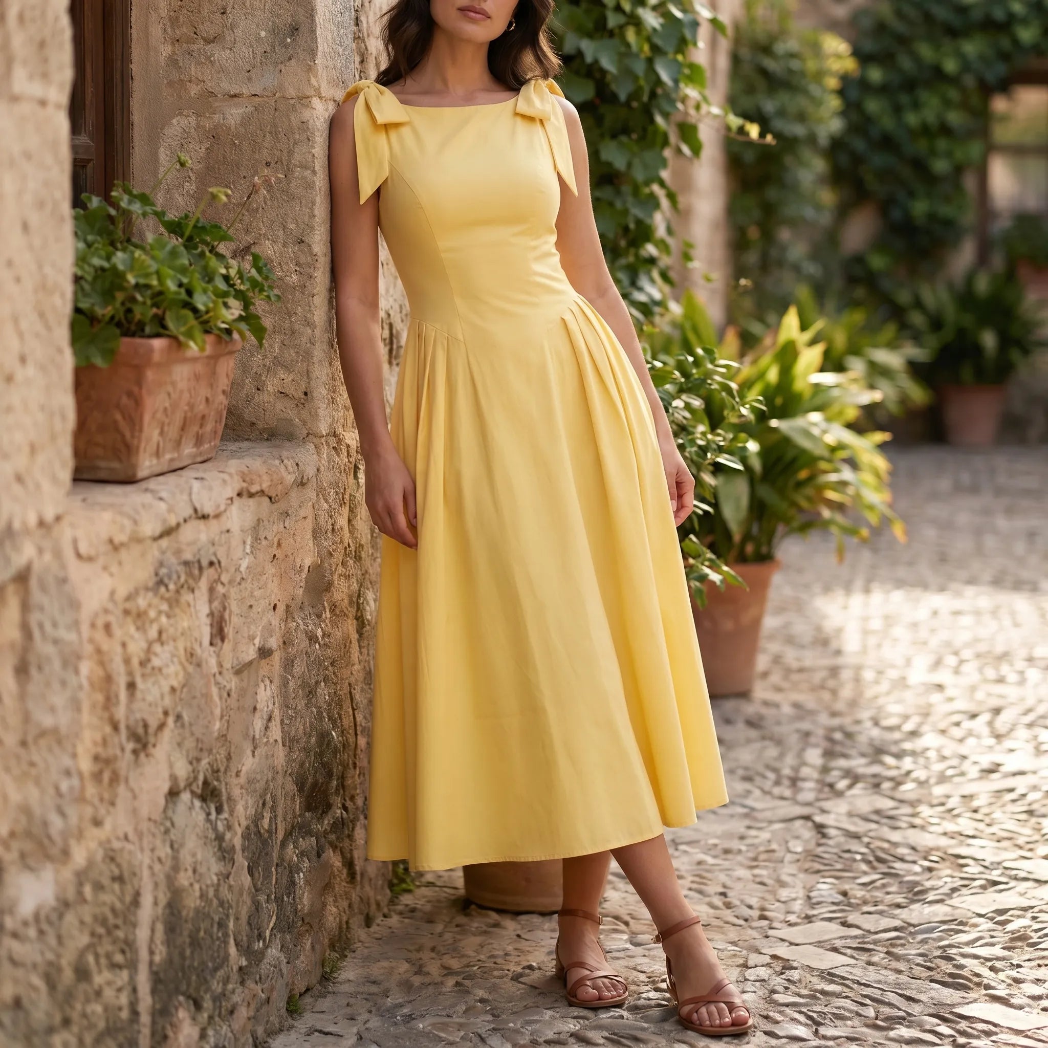 Celrien | Retro Bow-Strap Midi Swing Dress