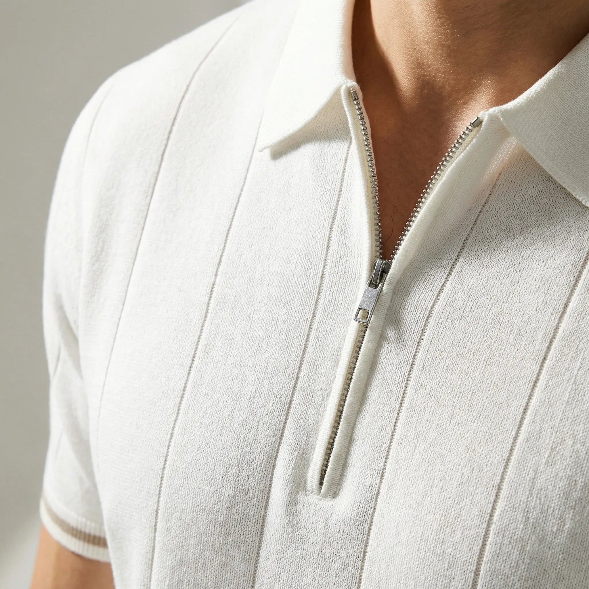 Celrien | Ribbed Knit Zip-Collar Polo Shirt