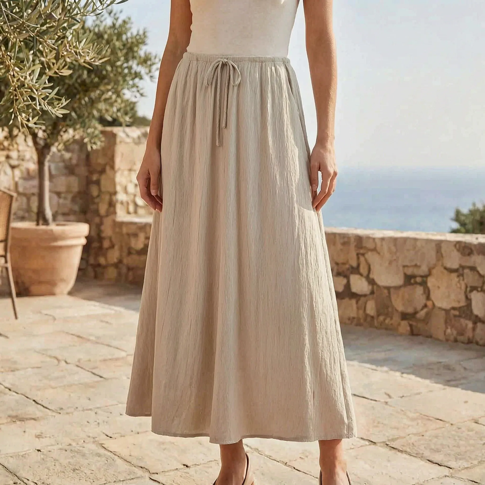 Celrien | Solid A-Line Midi Skirt With Drawstring Waist