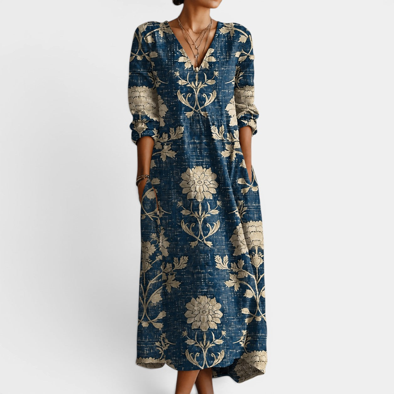 Celrien | Women's Boho Linen Floral V-Neck Pocket Midi Dress