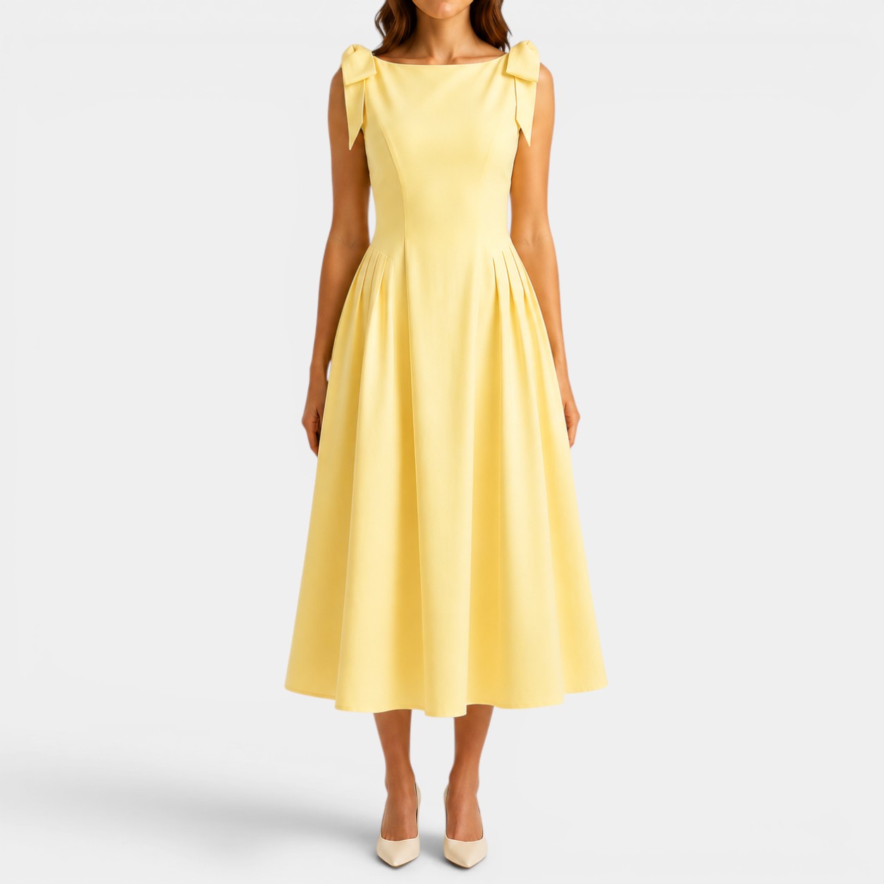 Celrien | Women’s Elegant Yellow Midi Dress Bow Strap Slim Fit