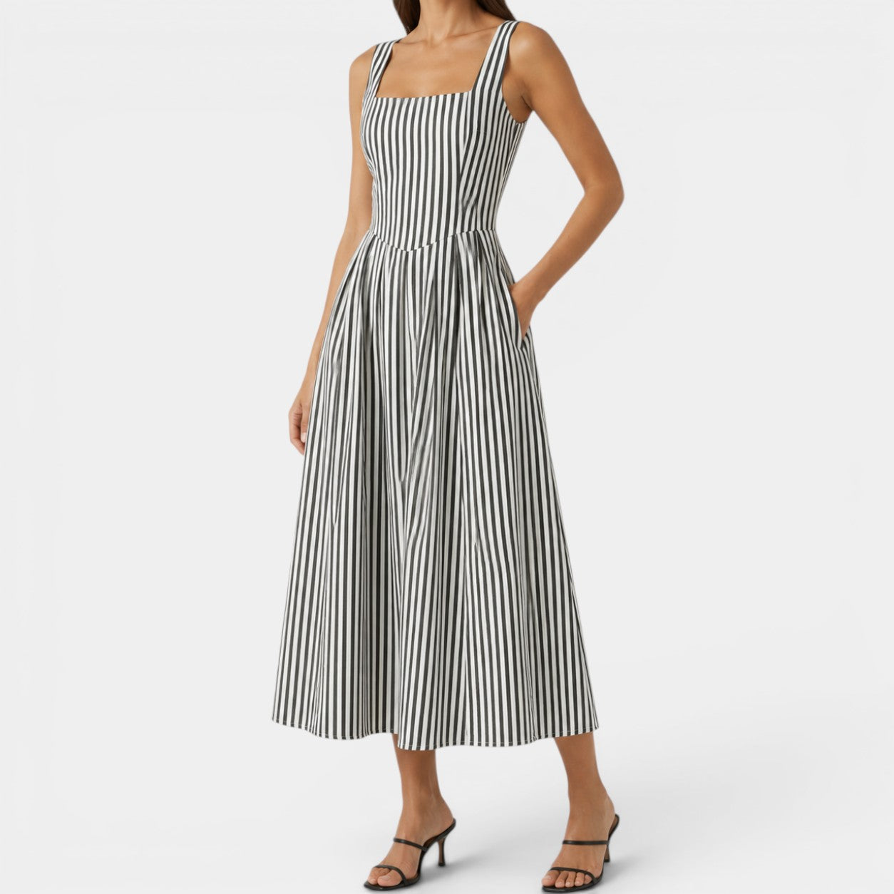 Celrien | Women’s Striped Midi Dress Slimming Waist-Cinching Fit