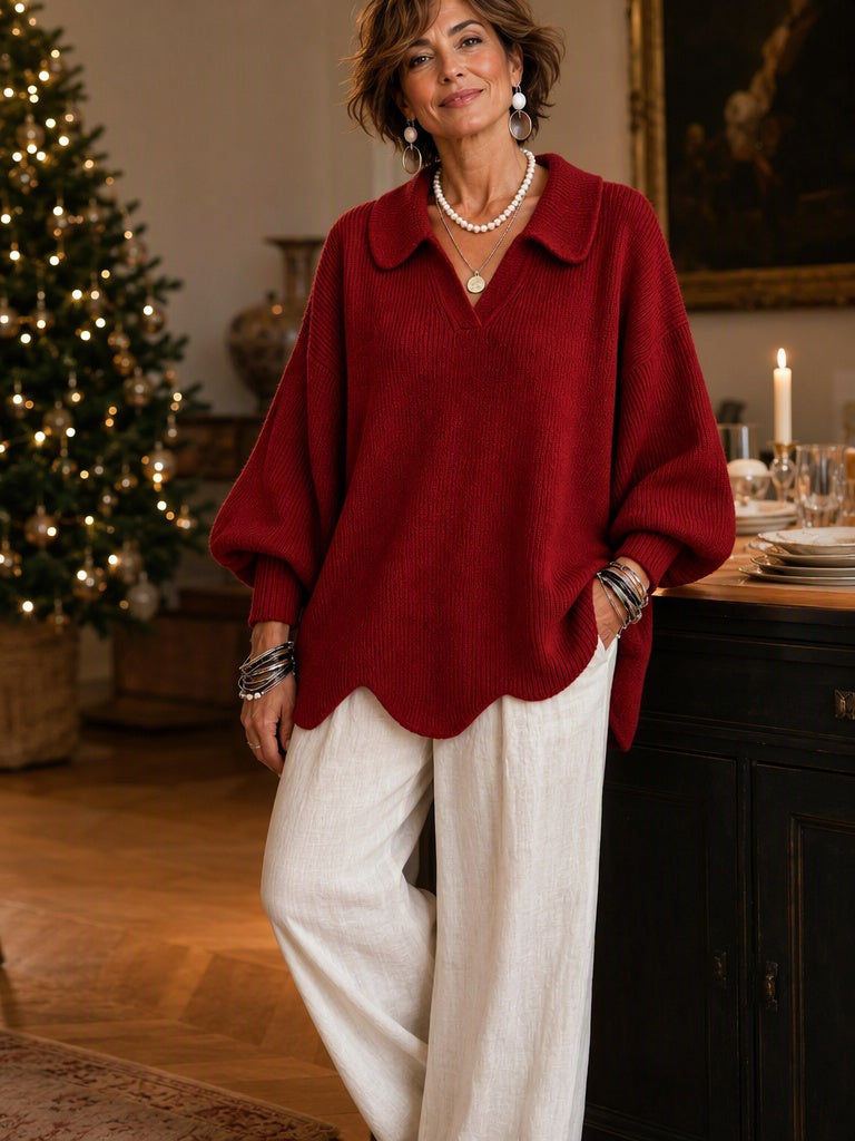 Chic Collared Scalloped Hem Knit Sweater