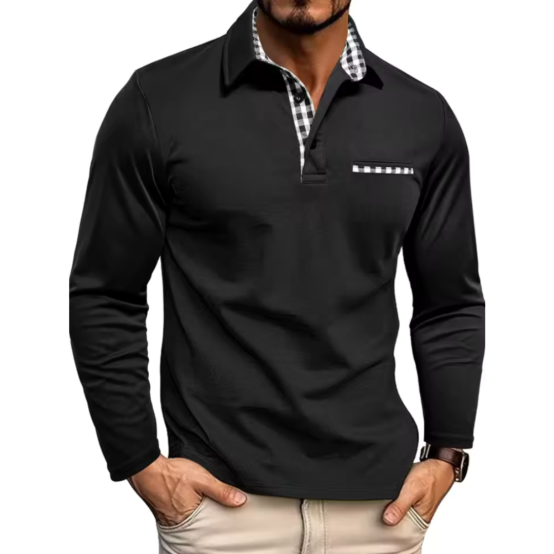 Long Sleeve Polo Shirt with Checked Contrast Collar
