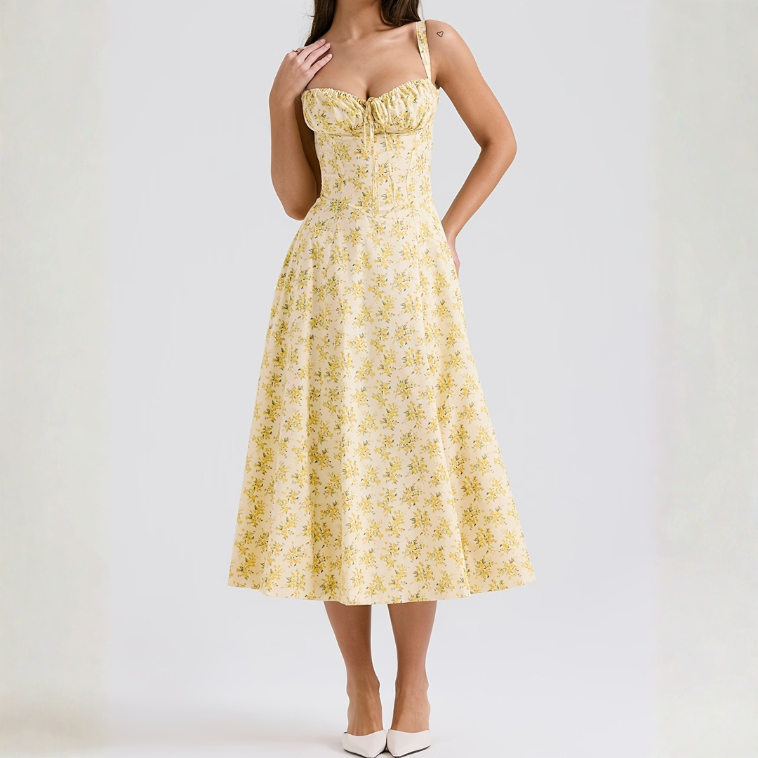 Celrien | Women’s Summer Floral Midi Dress Spaghetti Strap Pleated