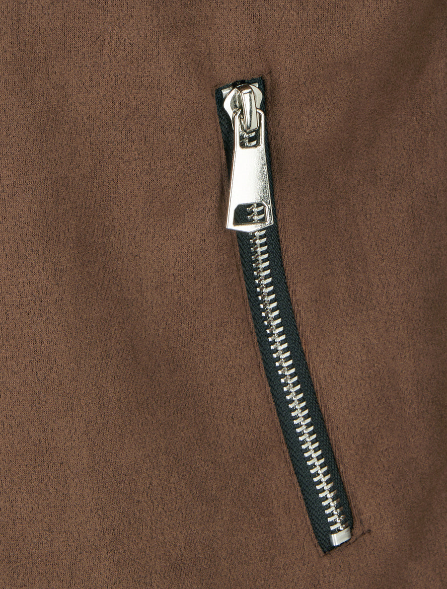 Faux Suede Jacket with Straight Collar and Zip - Brown